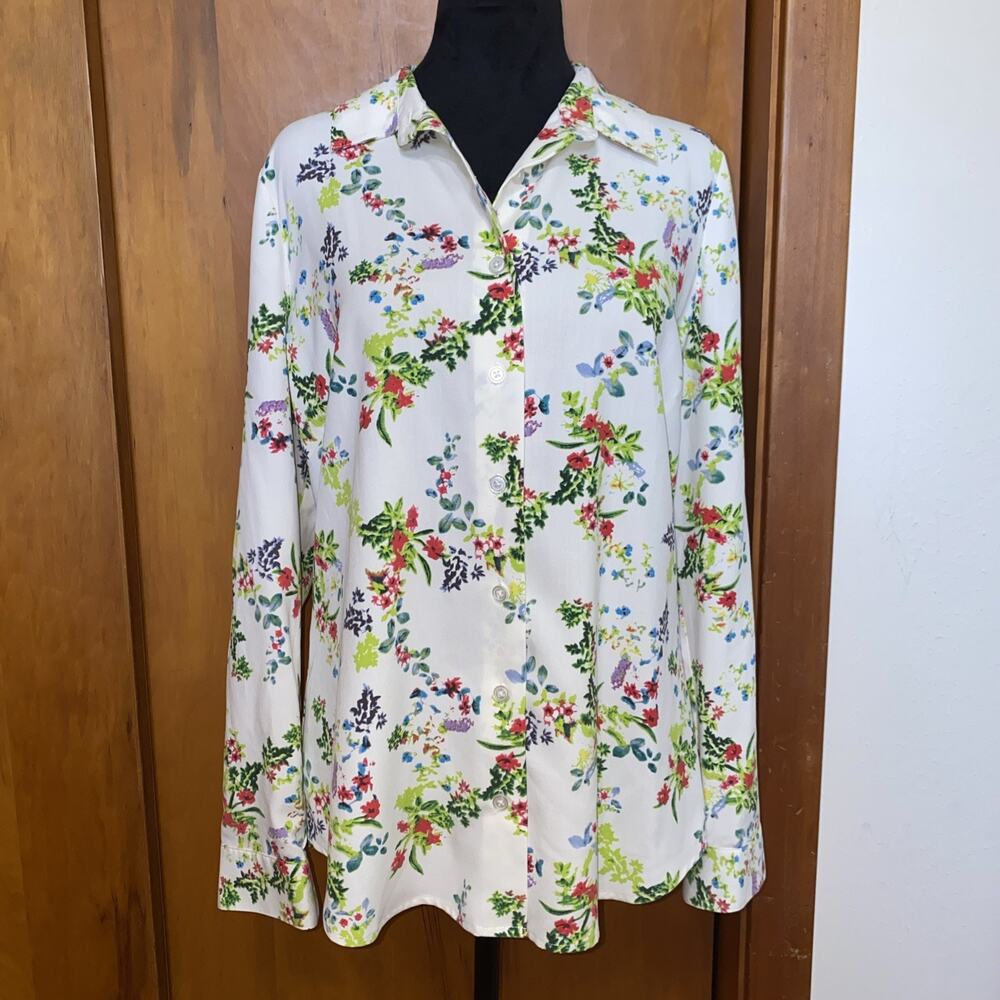 NWT Winter Silks Multicolor Floral 100% Silk Button Down Shirt Top Long Sleeves